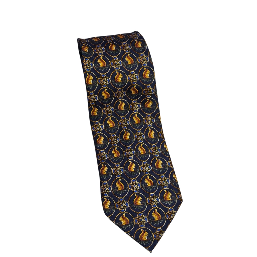 MCM Italy Silk Tie Navy Gold Squirrel Pattern